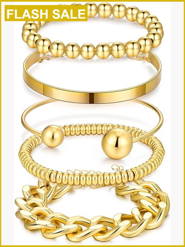 5-Piece Adjustable Stackable Gold Bracelet Set, Chunky Cuff & Beaded Styles